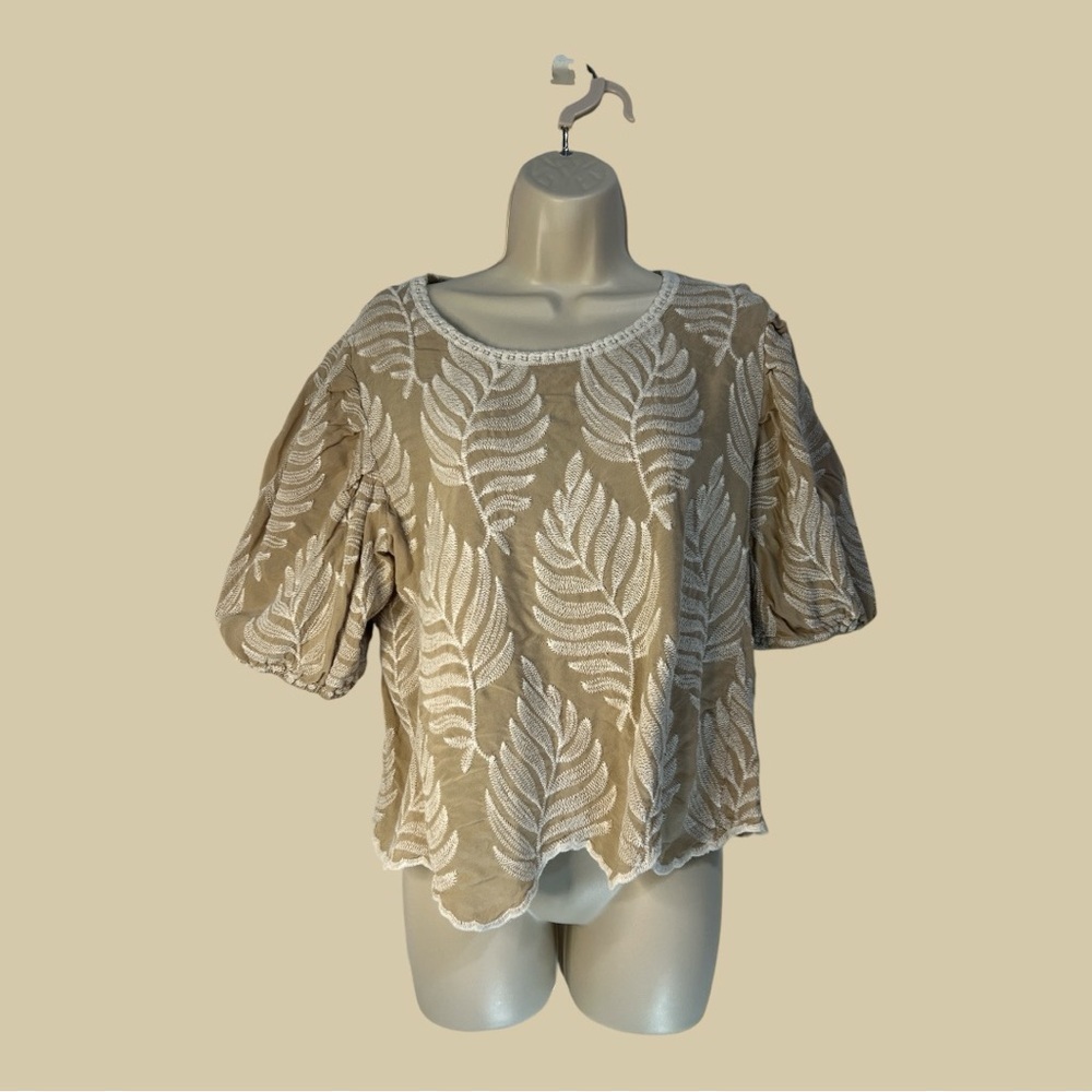 Solitaire Khaki Embroidered Top Fern Pattern Stitching Puff Sleeves XL, more M